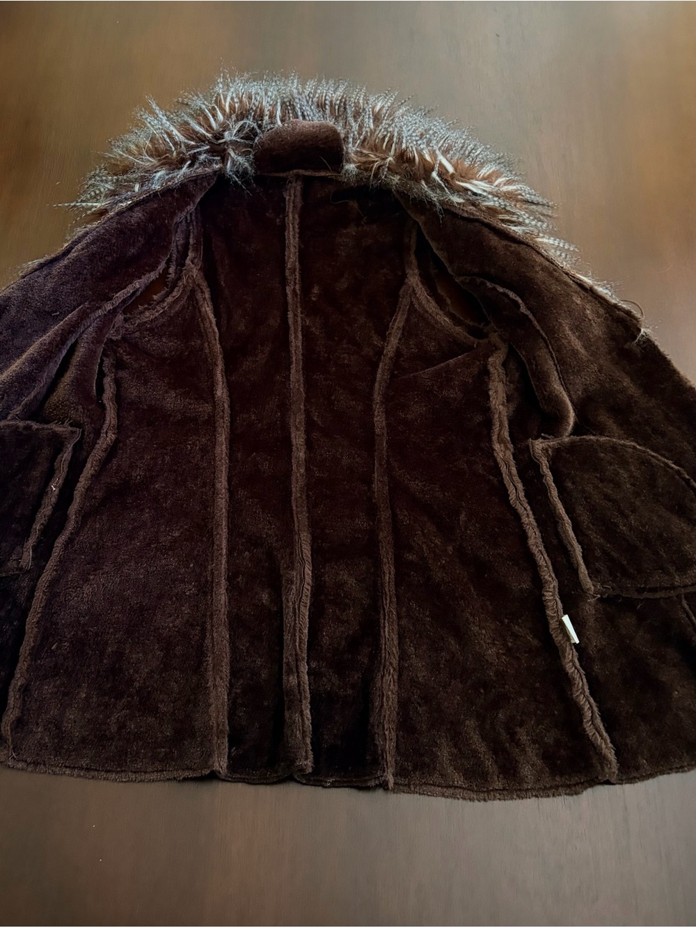 Women's Brown Faux-Suede Sleeveless Vest with Faux-Fur Trim Hood - Picture 3 of 8